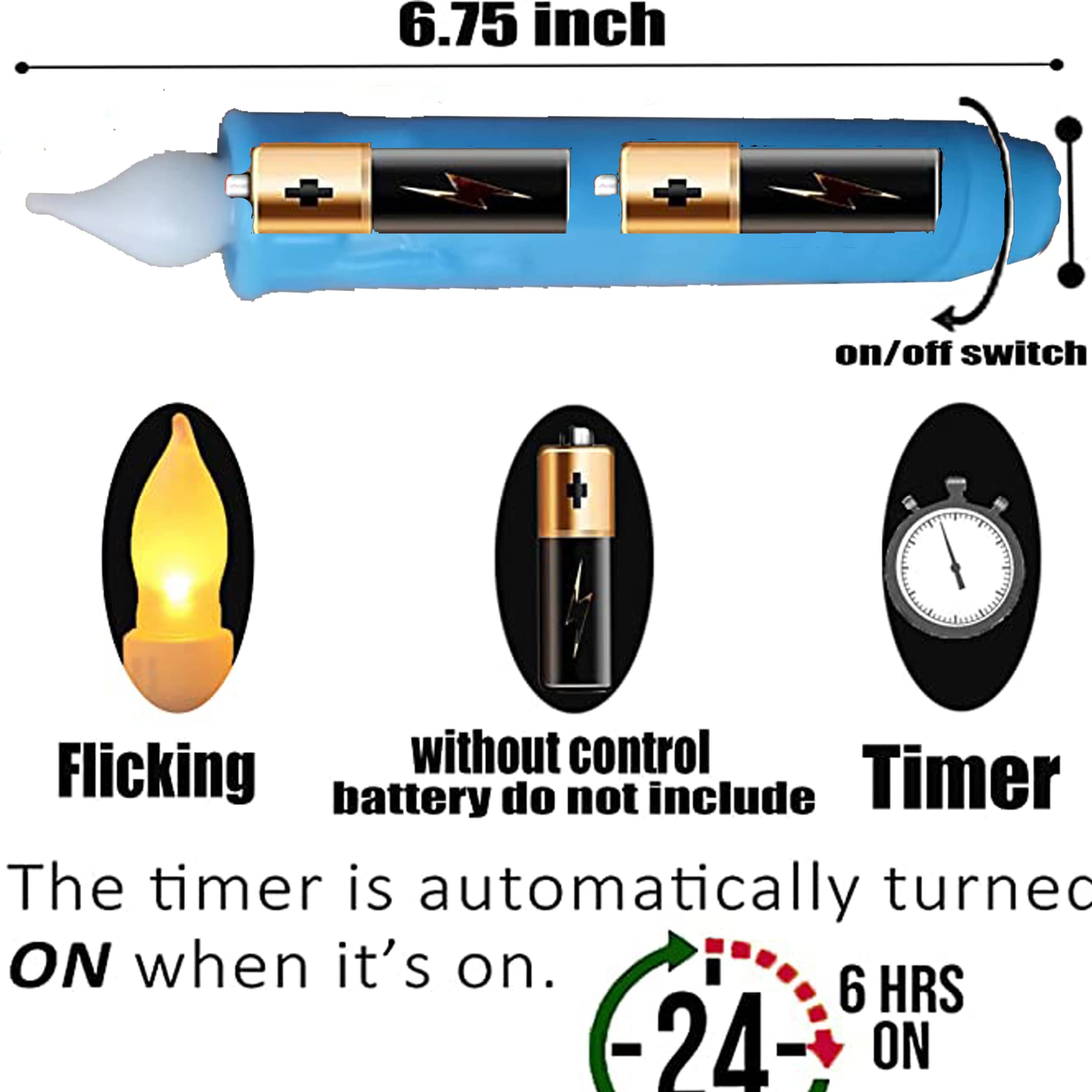 Lincountry.Primitive Wax Blue Battery Operated Taper Candles Flickering Flameless Taper Candles With Timer,Dripped Led Candles 6